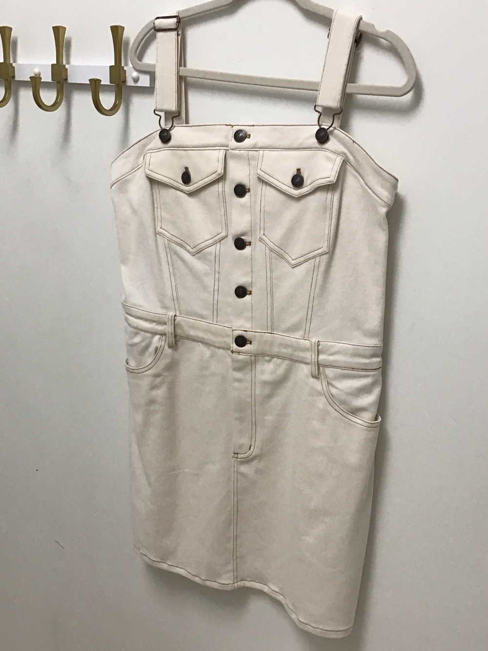 Steve Madden Cream Button-Front Denim Overall Dress
